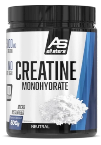 All Stars Creatine Monohydrate – Weiße Dose mit blauem Label, Kreatin-Monohydrat von All Stars mit 500 g Inhalt.