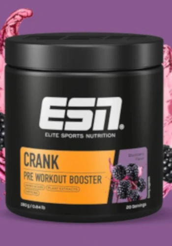 ESN Crank Pre Workout Booster – Schwarze Dose mit lila Hintergrund, Pre-Workout-Booster von ESN mit Brombeergeschmack.