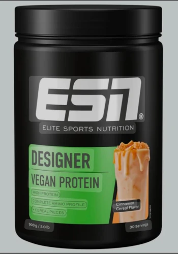 ESN Designer Vegan Protein – Schwarze Dose mit veganem Protein-Pulver von ESN in Zimt-Cereal-Geschmack.