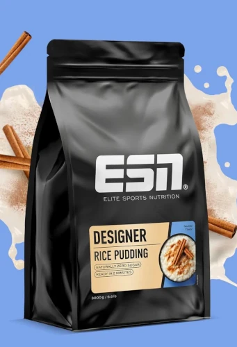 ESN Designer Rice Pudding – Schwarze Verpackung mit Reis-Pudding-Pulver von ESN, mit Zimt und Milch als Zutaten abgebildet.