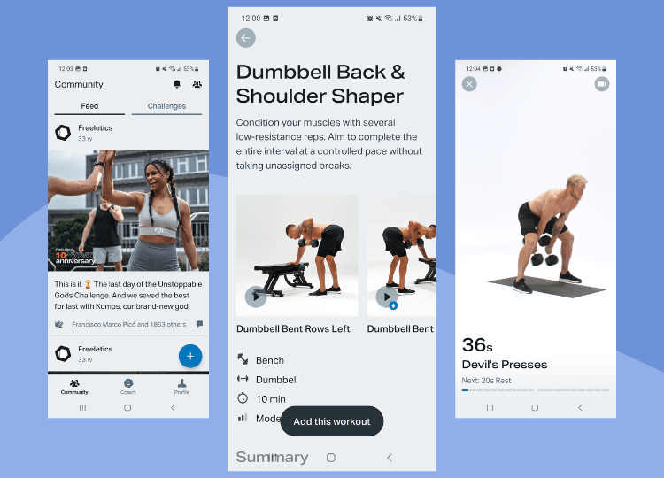 Freeletics-App mit Workouts und Community-Übersicht