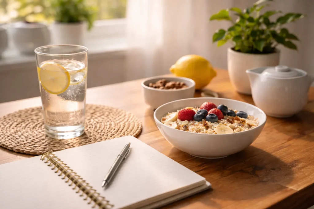 Gesunder Frühstückstisch mit Haferflocken, Zitrone im Wasser und Notizbuch – Sinnbild für bewussten Tagesstart, Hydration und mentale Klarheit