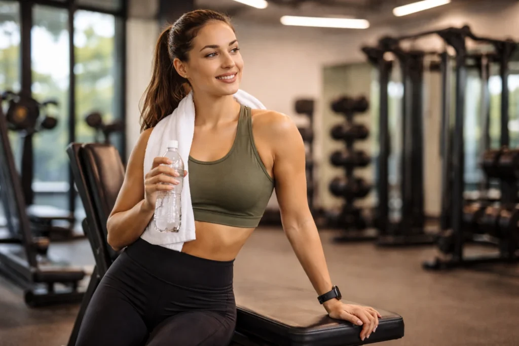 Erholung nach dem Training im Fitnessstudio mit Wasserpause und entspannter Studioatmosphäre