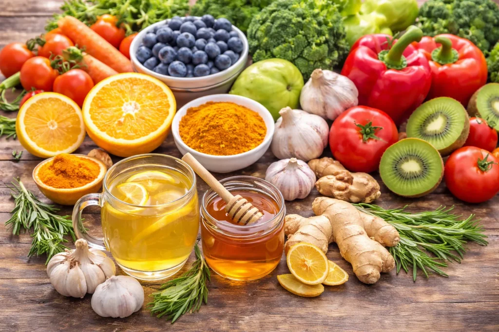 Frisches Obst, Gemüse, Ingwer, Knoblauch, Honig und Gewürze als natürliche Lebensmittel zur Unterstützung des Immunsystems