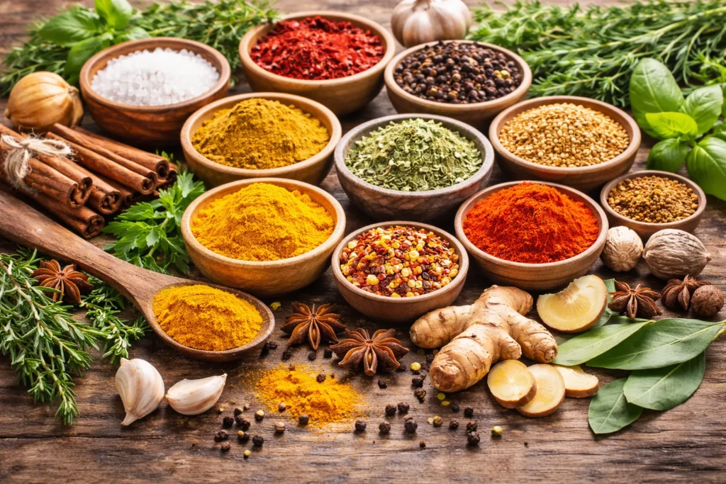 Verschiedene Gewürze und Kräuter wie Kurkuma, Ingwer, Zimt und Pfeffer auf einem Holztisch – natürliche Zutaten für eine gesunde Ernährung