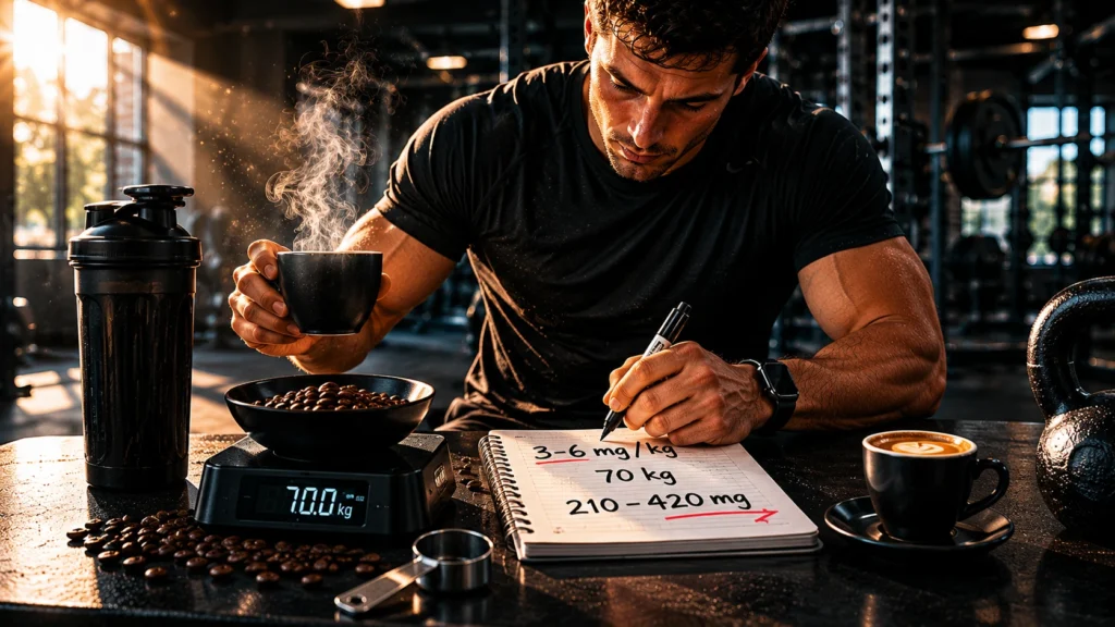 Athlet berechnet die optimale Koffein-Dosierung vor dem Training anhand seines Körpergewichts