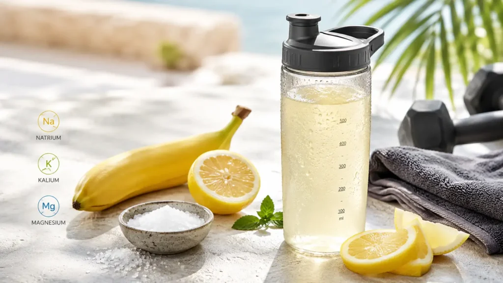 Elektrolytgetränk mit Zitrone, Banane, Salz und Symbolen für Natrium, Kalium und Magnesium.