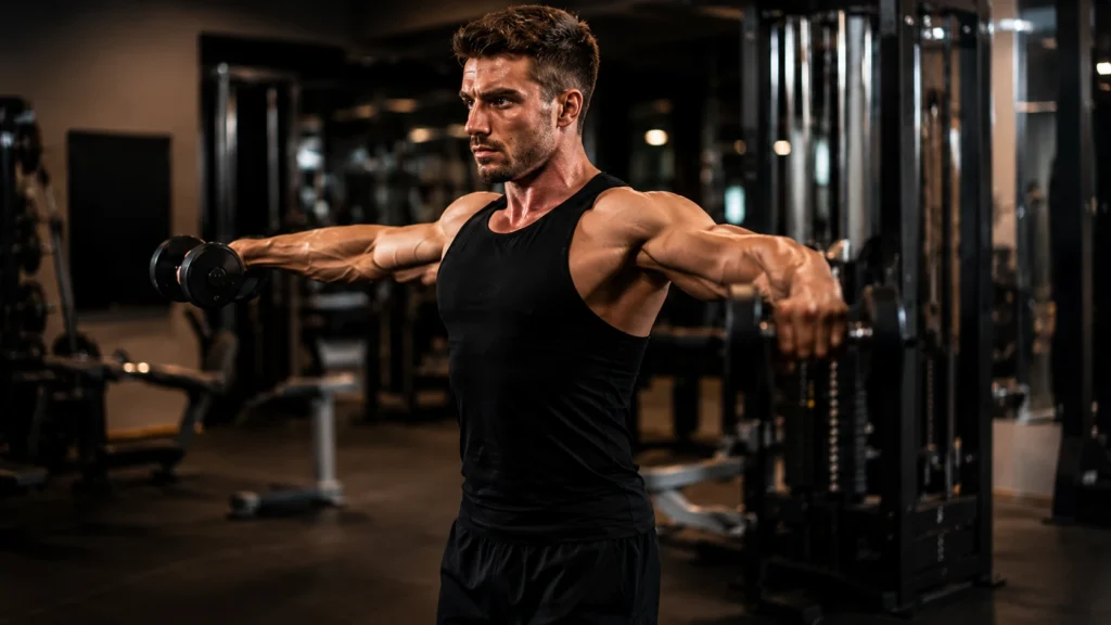 Athlet führt Seitheben mit Kurzhanteln als Finisher für Schultertraining und Muskelpump aus