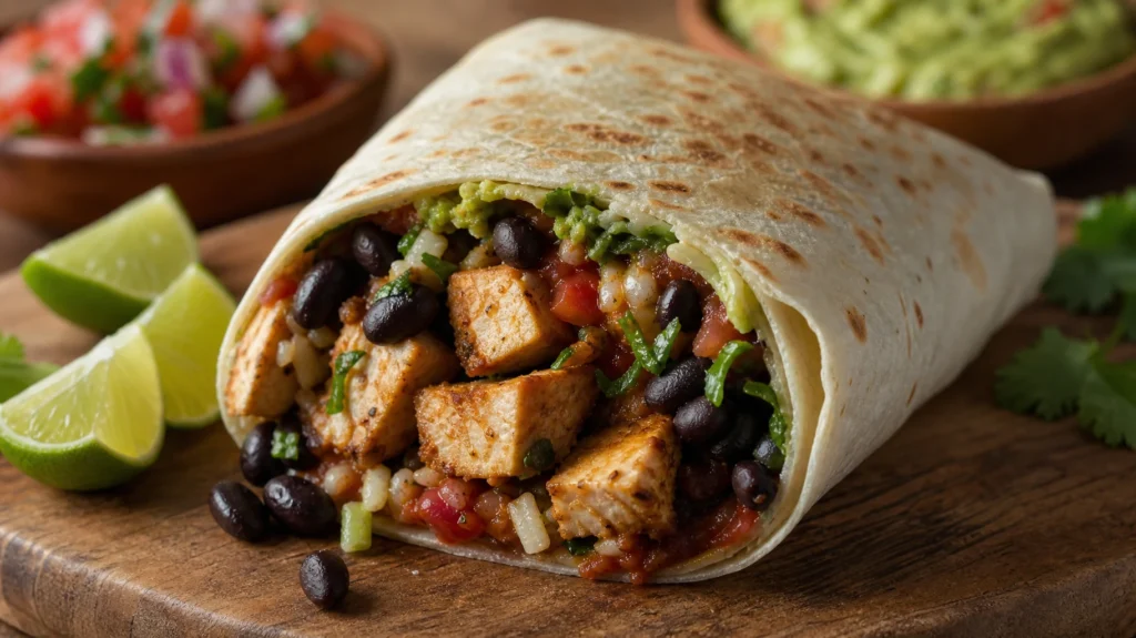 Veganer Burrito mit schwarzen Bohnen, Reis, Guacamole, Tomaten und frischen Kräutern – pflanzliche, proteinreiche Mahlzeit für eine gesunde Ernährung.