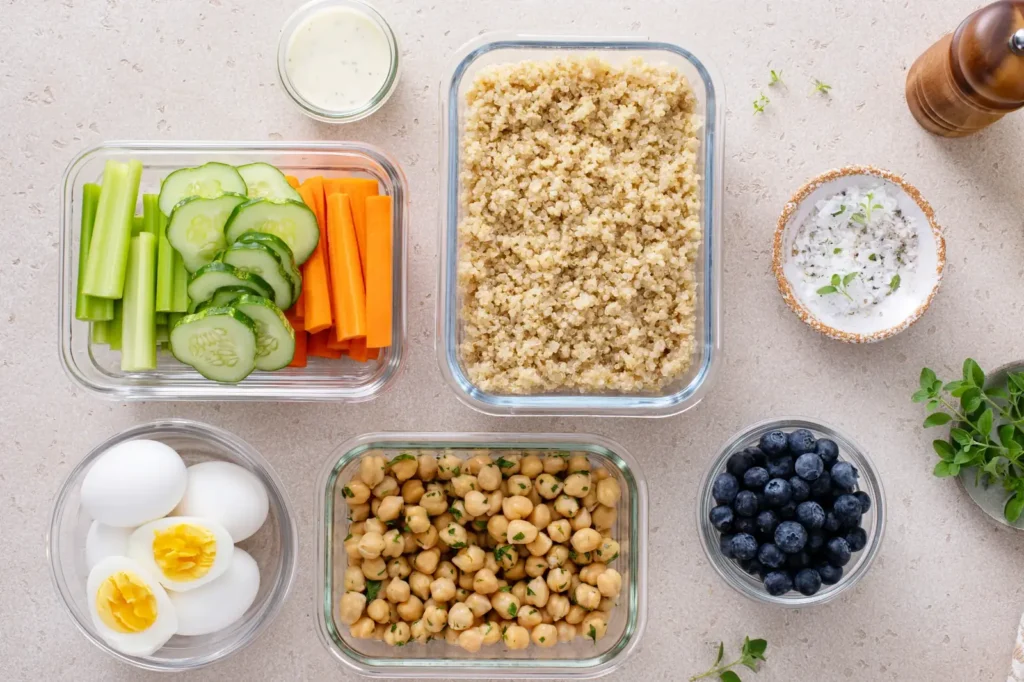 Gesundes Meal Prep mit Quinoa, Kichererbsen, Eiern, Gemüse und Heidelbeeren