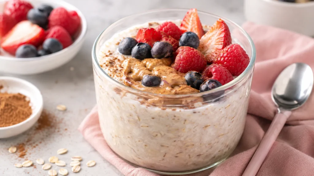 Protein-Overnight-Oats mit Zimt, Erdnussbutter und frischen Beeren