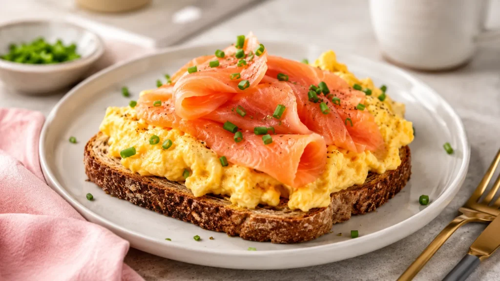 Räucherlachs-Rührei auf Vollkornbrot mit frischem Schnittlauch