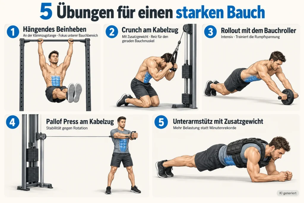 Illustration von fünf Bauchübungen: Beinheben, Kabelzug-Crunch, Bauchroller-Rollout, Pallof Press und Unterarmstütz mit Zusatzgewicht