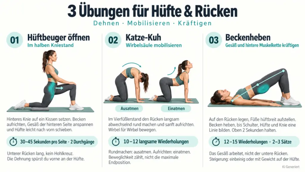 Drei Übungen für Hüfte und Rücken mit Anleitung: Hüftbeuger öffnen im halben Kniestand, Katze-Kuh und Beckenheben.