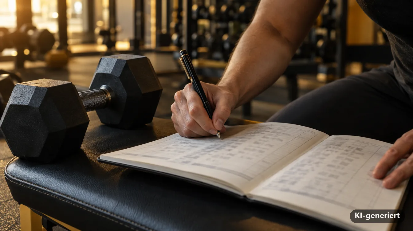 Krafttraining für Anfänger: Trainingslogbuch mit eingetragenen Gewichten neben einer Kurzhantel