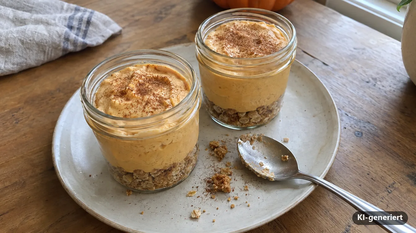 Kürbis-Käsekuchen im Glas mit Keksboden und Zimt