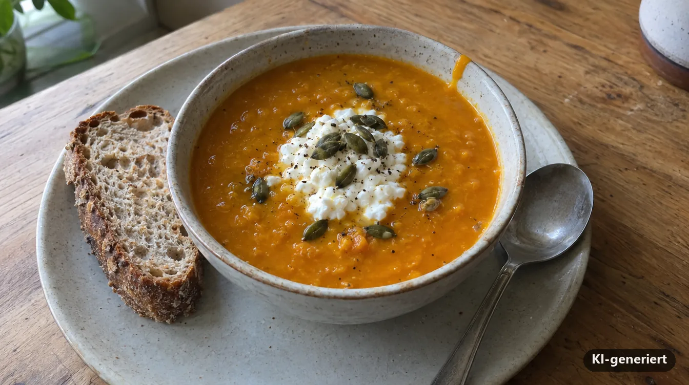 Kürbis-Linsen-Suppe mit einem Löffel Hüttenkäse und Kürbiskernen