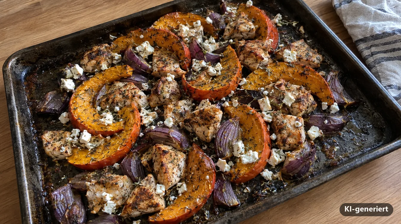Backblech mit gerösteten Hokkaido-Spalten, Hähnchenstücken und Feta