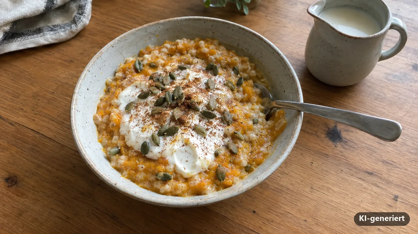 Kürbis-Protein-Porridge mit Skyr, Zimt und Kürbiskernen in einer Steingutschale